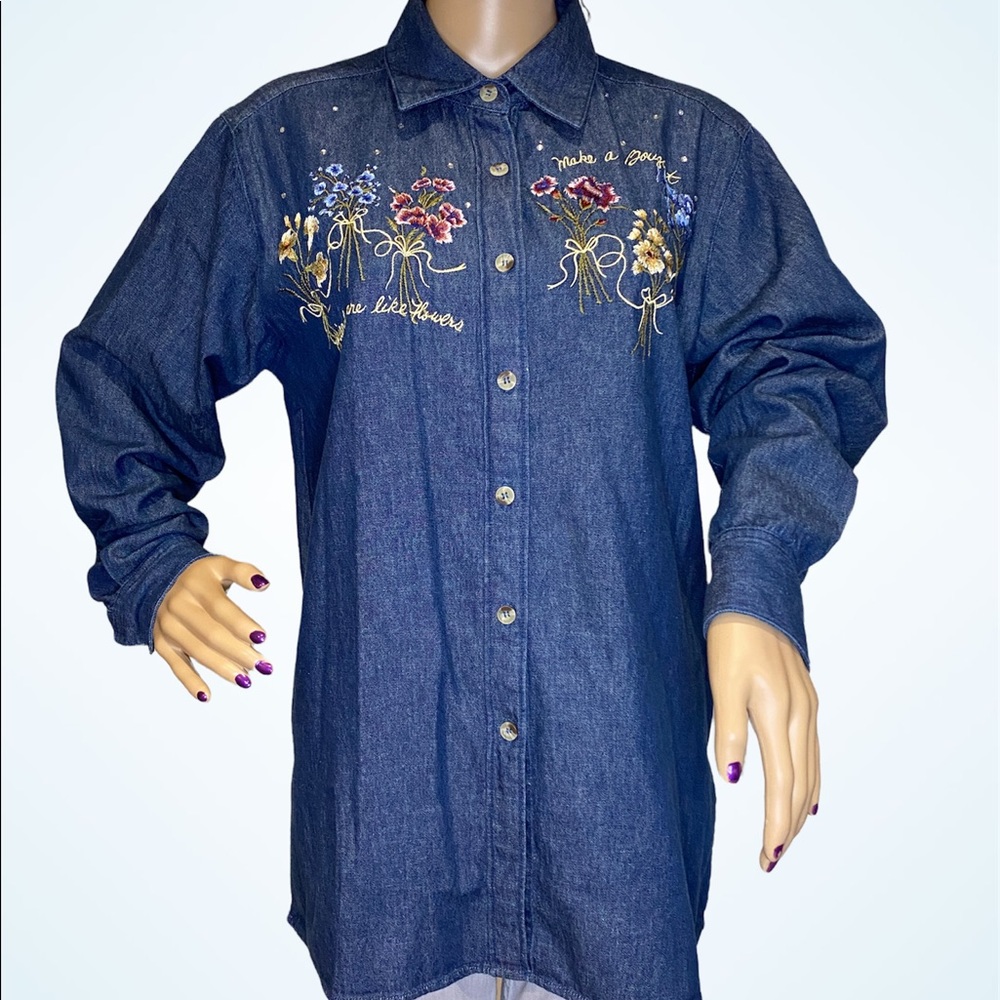 The Quacker Factory "Friends are Like Flowers..." Button-Down Blouse Small EUC